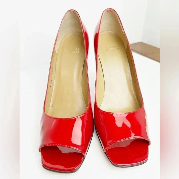 Stuart Weitzman “Linda” open toe patent leather red pumps, Like NEW Sexy Elegant - Picture 2 of 11